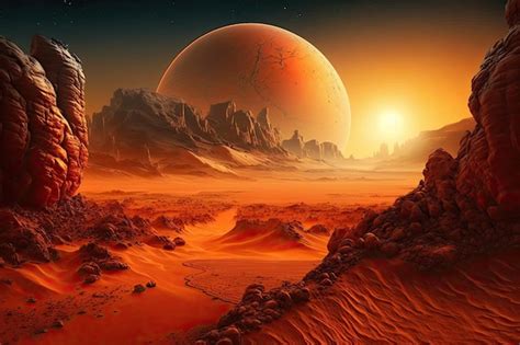 Premium Ai Image Barren Desert Landscape With A Vibrant Red Planet