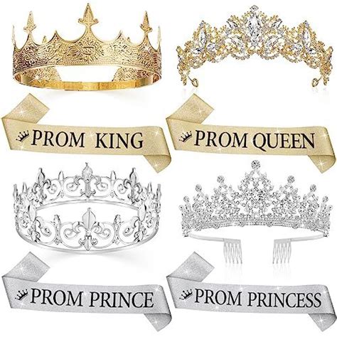 Hinly 8 Pcs Homecoming Prom Tiara Sash Set Prom King And Queen Crown
