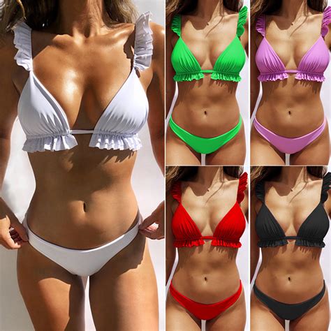 Wholesale Swimsuit Ruffled Bikini Women S Sexy Swimwear Solid Color Strap Bandage Bikini