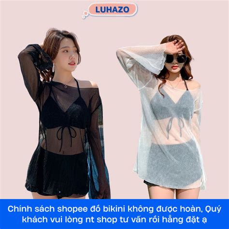 Bikini LUHAZO đi biển du lịch chi tiết nữ áo rút dây có mút ngực kèm quần nhún và áo lưới kín