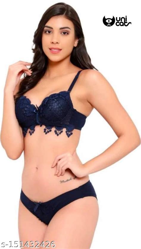 UNICAT Women S Gorgeous Honeymoon Heavy Double Padded Push Up Bra Panty Bridal Lingerie Set BLUE