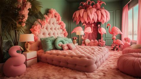 Premium Photo Pink And Green Bedroom With Flamingo Decor