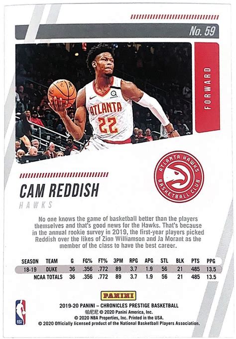 Panini Chronicles Prestige Cam Reddish No Rc Rookie Nba