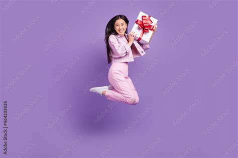 Full Body Profile Photo Of Cool Millennial Brunette Lady Jump Hold