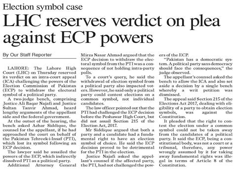 Dawn EPaper Mar 01 2024 Election Symbol Case LHC Reserves Verdict