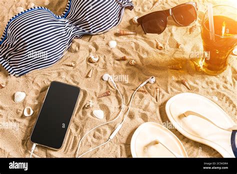Summer Bikini And Accessories Stylish Beach Set Beach Bikini Summer Outfit And Sea Sand As