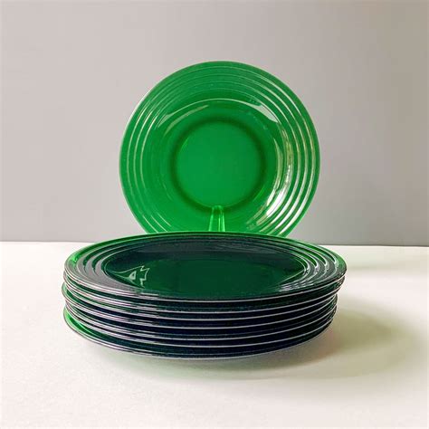 Vintage Plates Ribbed Green Glass Lunch Or Dessert Sets Etsy Vintage Plates Green Glass