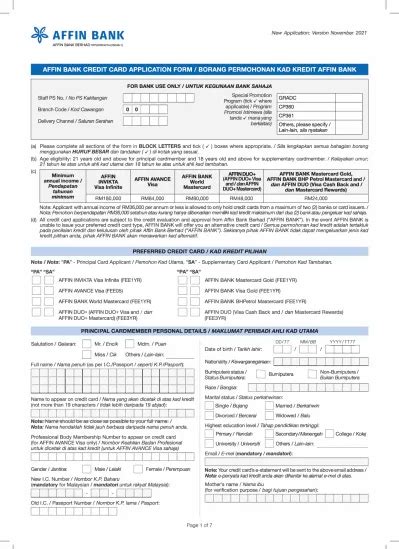 Affin Bank Credit Card Application Form Borang Permohonan Kad Kredit Affin Bank For Bank Use