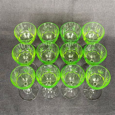 Bright Green Uranium Glasses Set Of 12 Ouraline Fluorescent Etsy