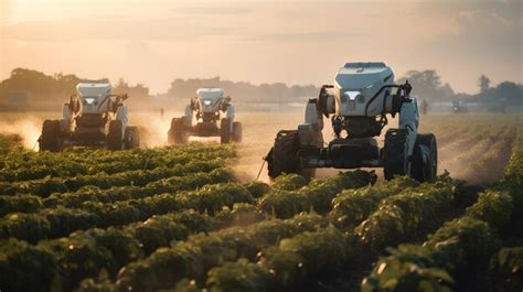 Hay cuatro tractores que están conduciendo a través de un campo de IA