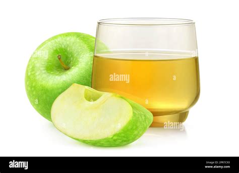 Cut Green Apples And Apple Juice In A Glass Over White Background
