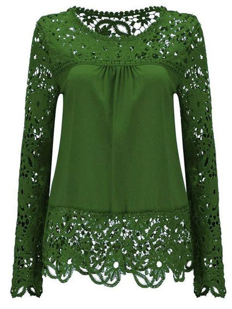 17 Off 2021 Solid Color Lace Spliced Hollow Out Blouse In Green