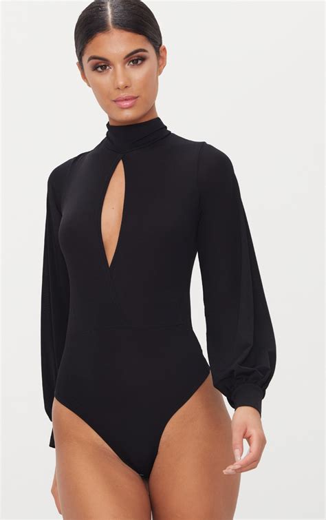 Black Slinky High Neck Open Front Long Sleeve Bodysuit