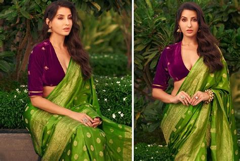 Nora Fatehi Is A Beauty To Behold In Stunning Green Saree With Plunging Velvet Blouse HOT PICS