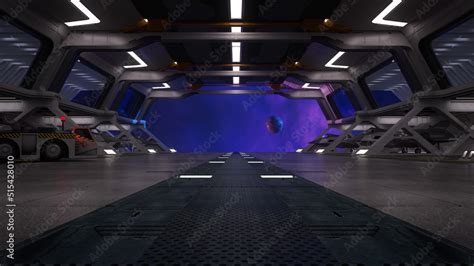 Science Fiction Space Station Docking Bay With View Of A Planet Through