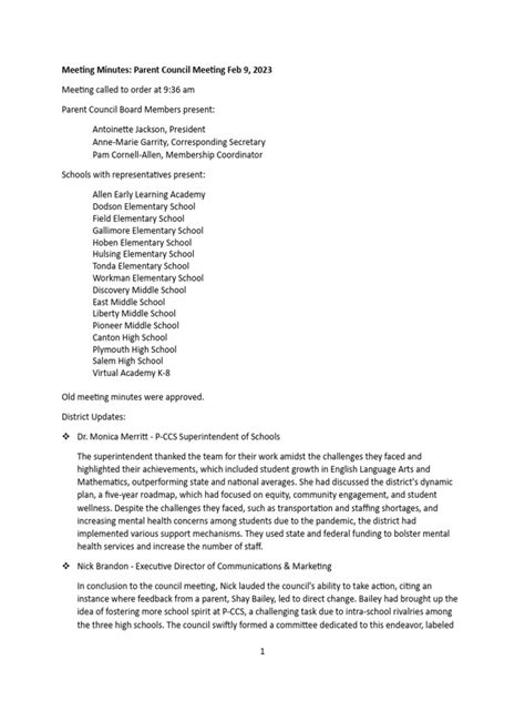 Pccs Parent Council Meeting Minutes Pdf Associate Degree