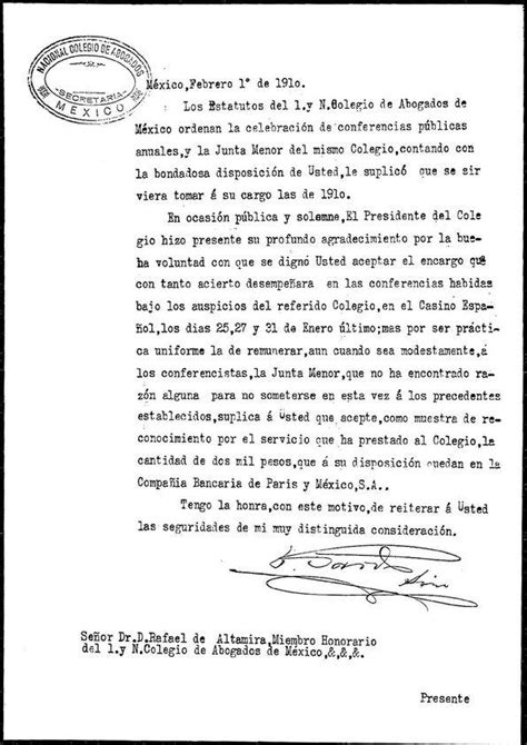 Carta De David Arizo A Rafael Altamira M Xico De Febrero De