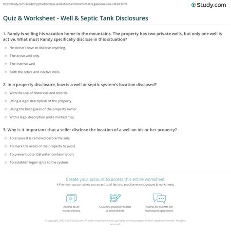 Quiz And Worksheet Well And Septic Tank Disclosures