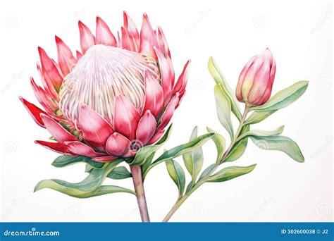 Protea Flower Painted In Watercolor On White Background Stock Photo