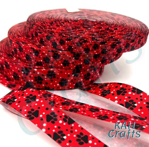 Paw Prints Black On Red With Polka Dots Grosgrain Ribbon You Etsy