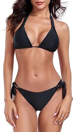 Amazon Colloyes Women S Wide Halter String Triangle Bikini Sets Tie Sides Bottom Swimsuit