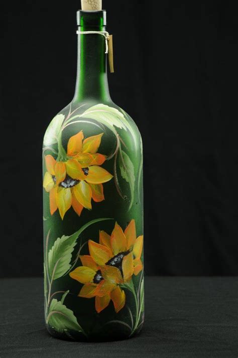 1 5 Ltr Hand Painted Lighted Wine Bottle Sunflowers On Green Bottle Etsy Lighted Wine