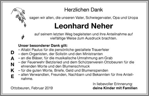 Traueranzeigen Von Leonhard Neher Allg Uer Zeitung