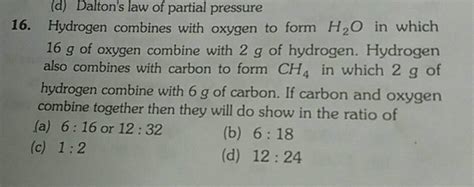 D Dalton S Law Of Partial Pressure Hydrogen Combines With Oxygen To