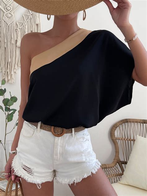 Black Casual Collar Short Sleeve Woven Fabric Colorblock Top