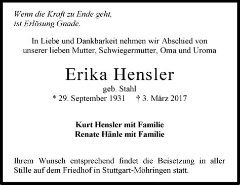 Traueranzeigen Von Erika Hensler Stuttgart Gedenkt De