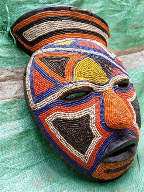 Original Luba Tribe Vintage Mask Orange Yellow Red White Black Beads