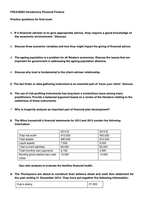 exam practice questions fnce introductory personal finance