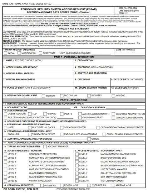 Dd Form V Personnel Security System Access Request Pssar