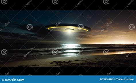 A Disk Shaped Alien Spacecraft Lands On The Ocean Coast Above The