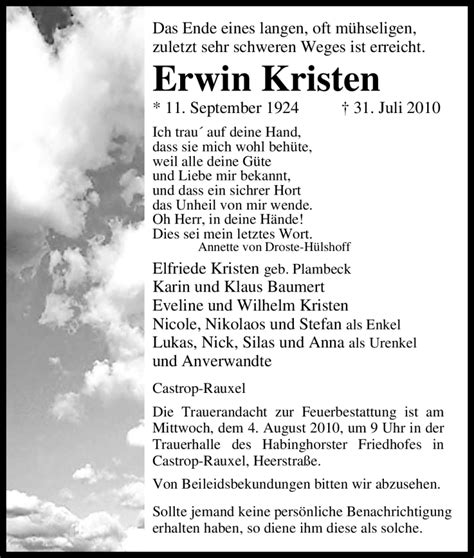 Traueranzeigen Von Erwin Kristen Trauer In Nrw De