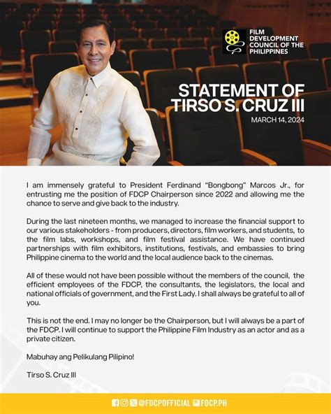 Tirso Cruz Iii Statement On Resignation As Fdcp Chairperson Pepph