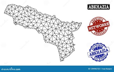 Polygonal Network Mesh Vector Map Of Abkhazia And Network Grunge Stamps