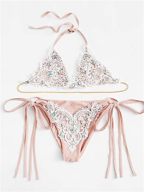 Shop Lace Overlay Rhinestone Bikini Set Online Shein Offers Lace