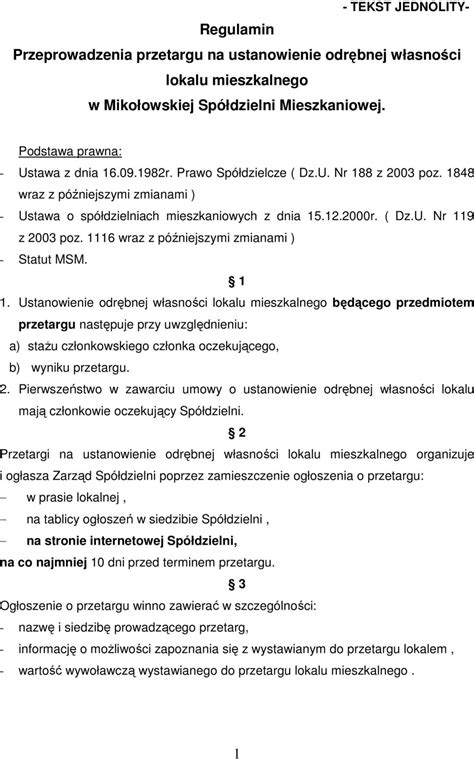 Regulamin Przeprowadzenia Przetargu Na Ustanowienie Odr Bnej W Asno Ci