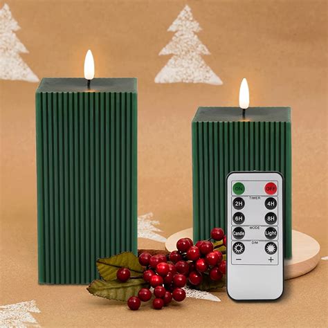 Eywamage Dark Green Square LED Candles Ribbed Flameless Candles With