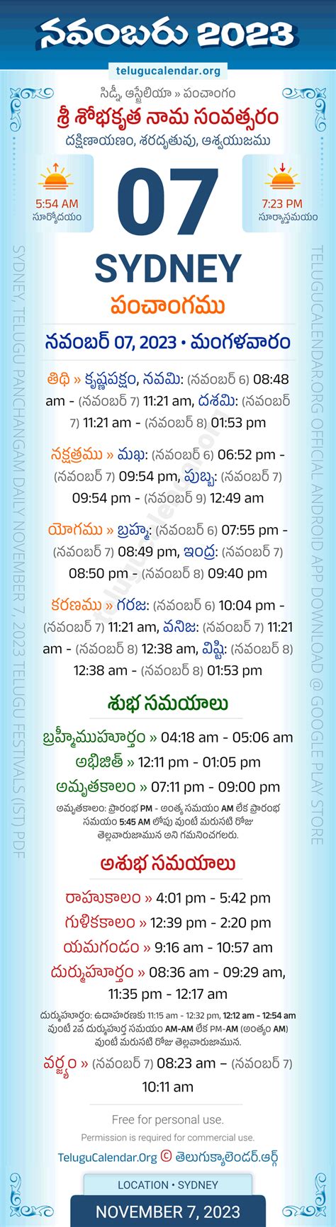 Sydney November Telugu Panchangam