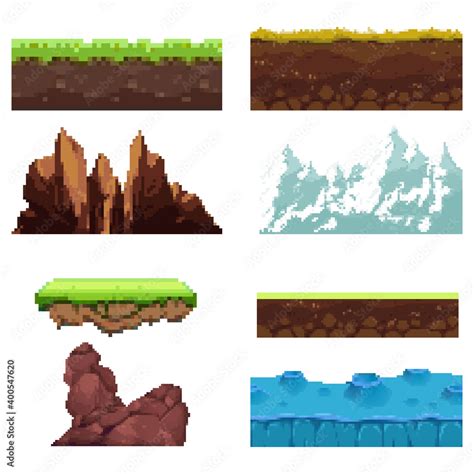 Pixel game set. Ground, grass, sky, mountains and rocks. Pixel art. Game Design. 8 bit. Stock ...