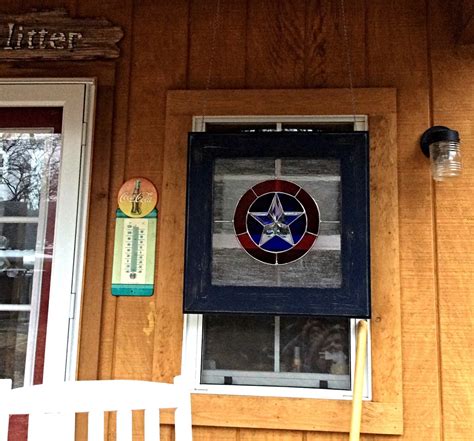 Stained Glass Panel Texas Star Wood Frame Large Window