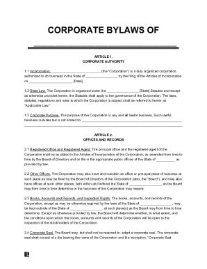 Fillable Online Free Corporate Bylaws Template Corporate Bylaws Form