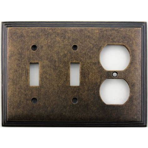 Classic Accents Deco Aged Antique Brass Three Gang Wall Plate Two Toggle Light Switch Opening