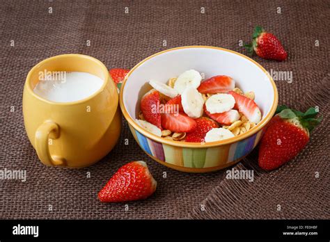 Healthy Breakfast Cornflakes Fresh Strawberries Banana And Milk