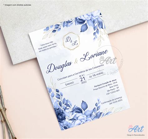 Convite Impresso Casamento Floral Azul Personalizado X Cm