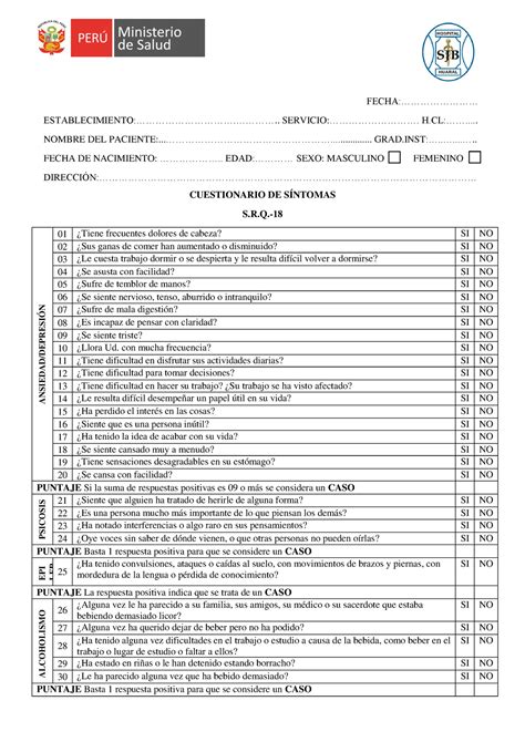 SRQ Cuestionario De Autorreporte De Síntomas PDF 42 OFF