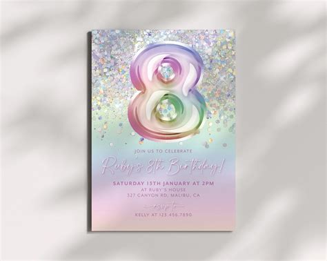 Pastel Rainbow 8th Birthday Invitation Template Foil Balloon Editable