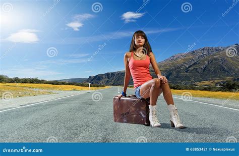 Pretty Brunette Retro Hitchhiker Stock Image Image Of Roadside Hiker 63853421